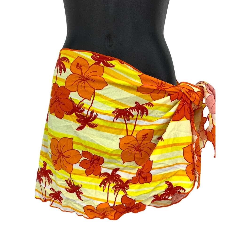 VTG 90s Sarong Wrap Skirt O/S Swim Coverup Yellow Orange Sunset Print Tropical